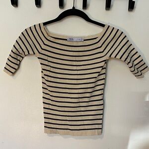 ZARA Cream and Black Striped Off-Shoulder Ribbed Top